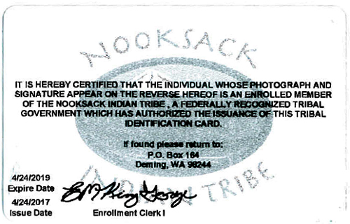 Nooksack Tribal Identification Tribe - Back