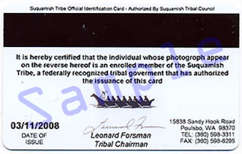 Suquamish Tribe ID Card - Back
