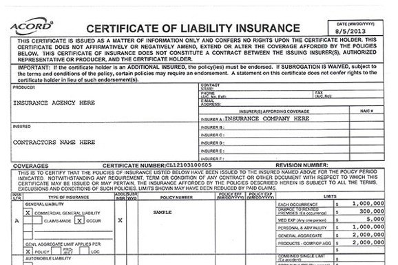 certificate of liability insurance template