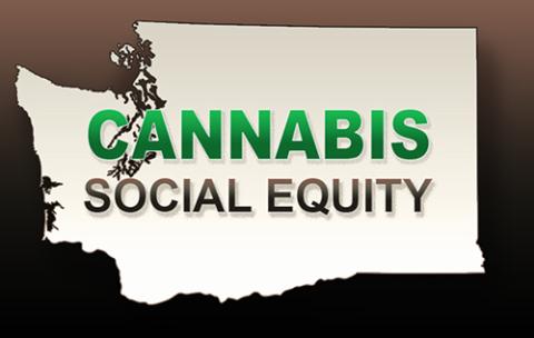 Cannabis Social Equity logo, the outline of the state of Washington on a brown gradient background reading "cannabis" in green followed by "social equity" in brown 