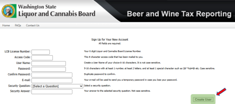 Screenshot of the beer and wine tax reporting system "create account" page