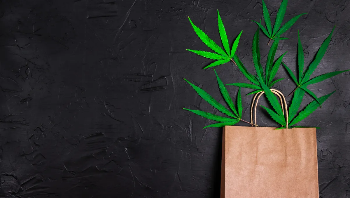 brown paper bag on a black background with cannabis leaves above it
