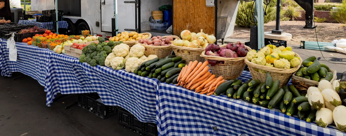 a line of tables with a blue checkered tablecloth lined with colorful vegetables