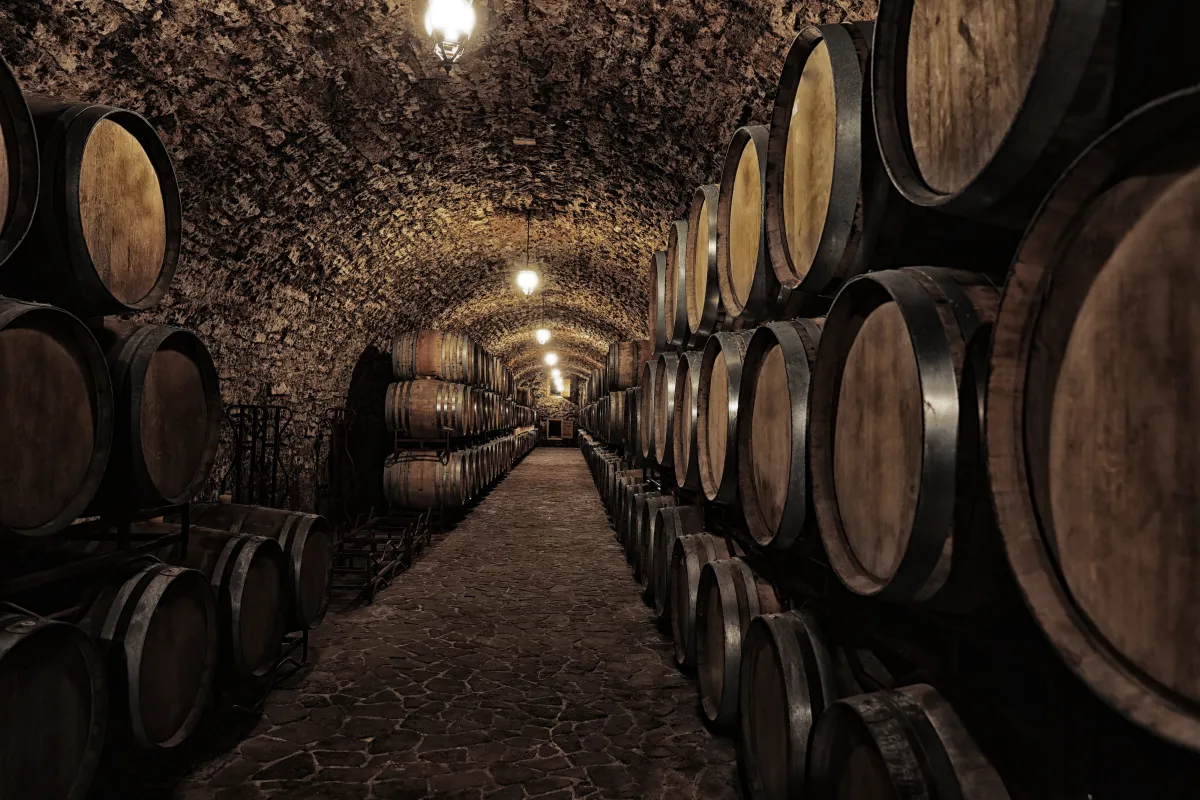 image of stacked barrels in an underground hallway lined with lights on the curved stone ceiling