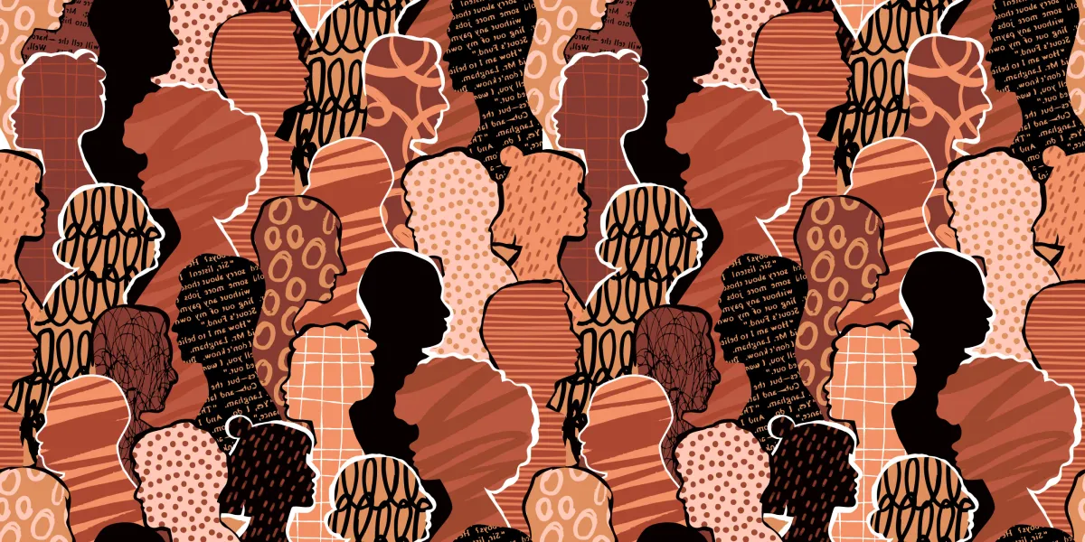 collaged illustration of a variety of human outlines in various shades of browns and beiges