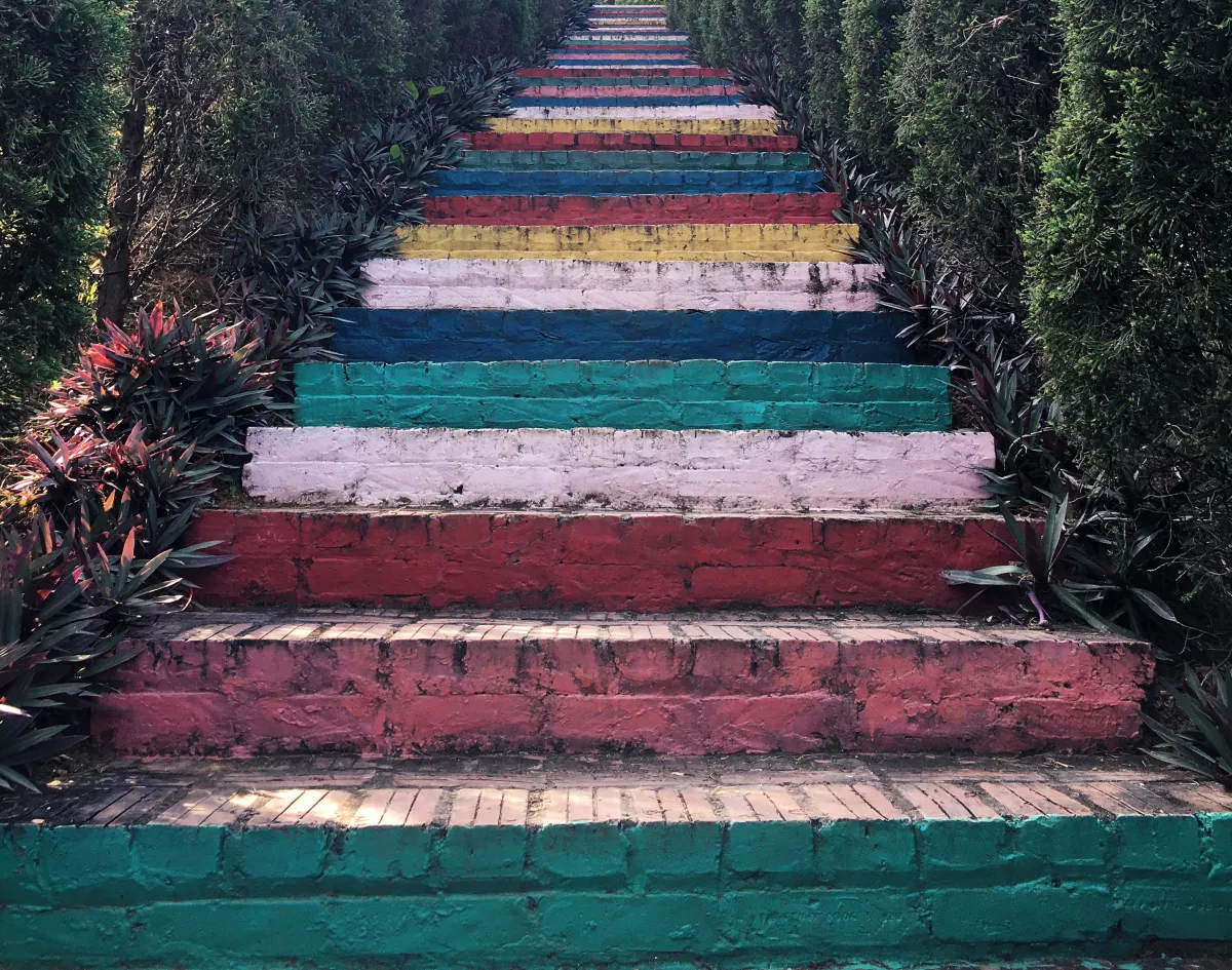 photo of stone stairs in a variety of muted colors