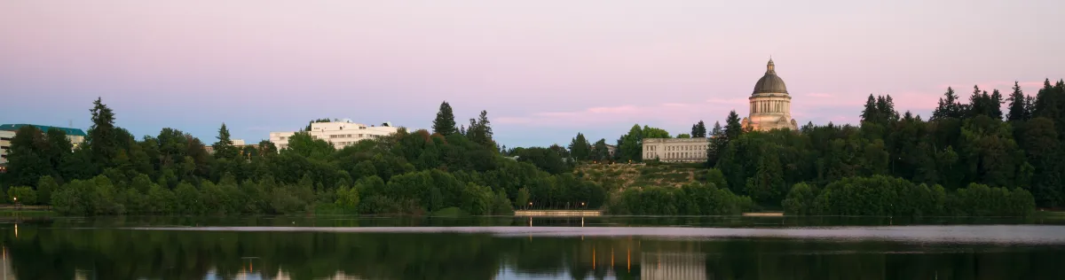image of the Olympia Capitol building overlooking the water framed by evergreen trees