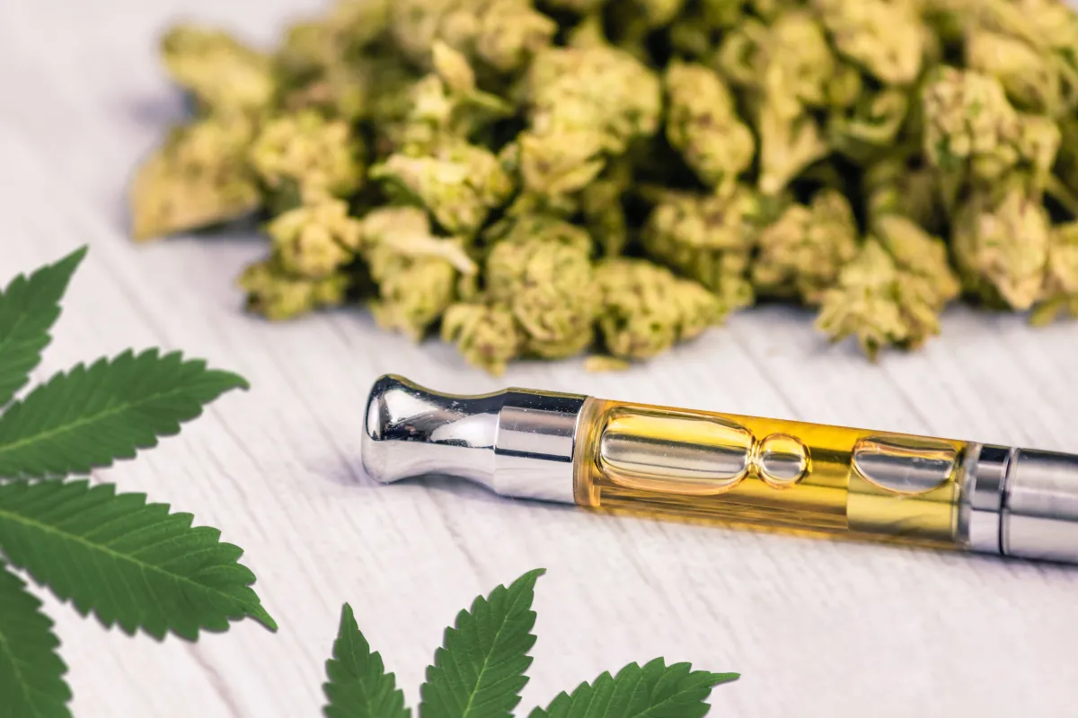 a vape pen surrounded by cannabis leaves and flower