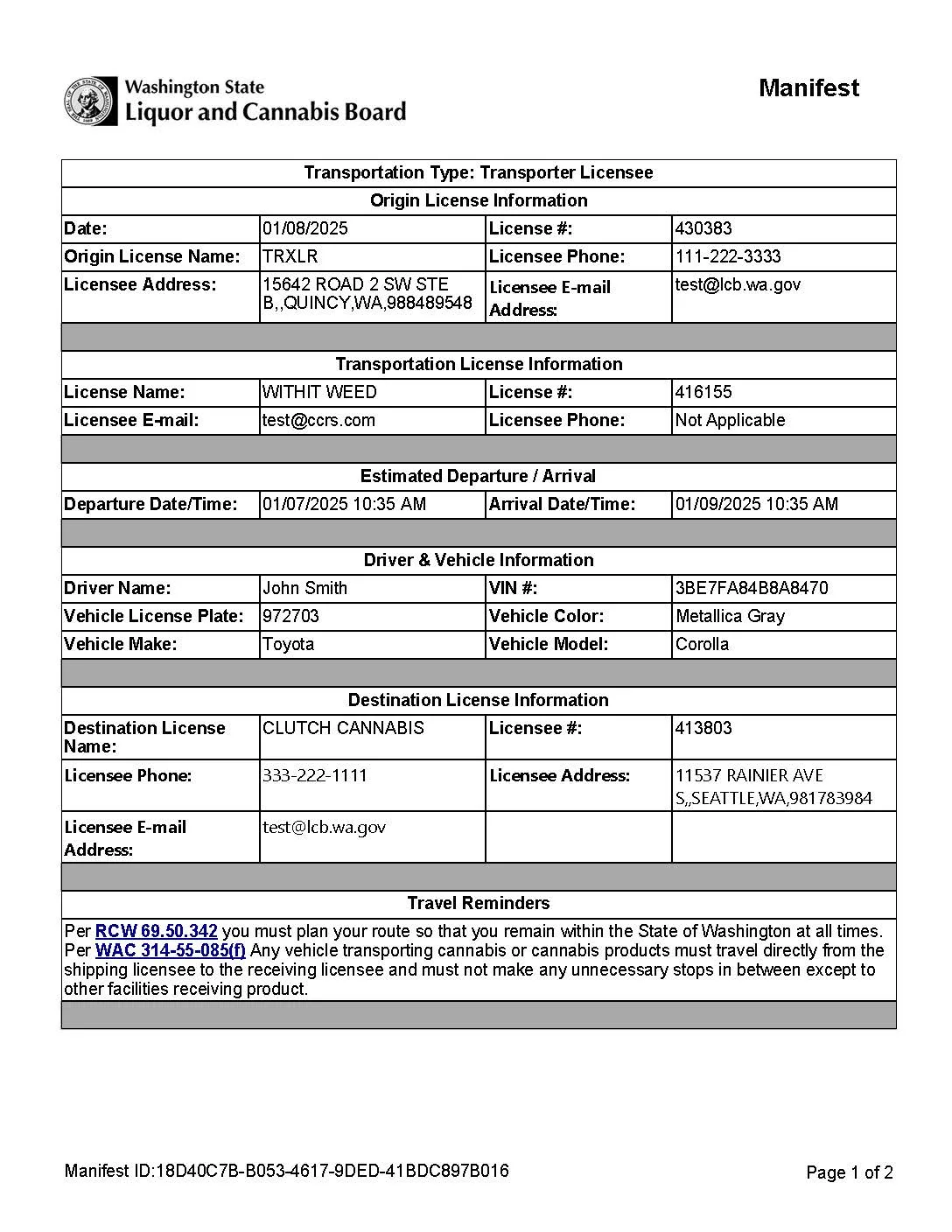 an example of a filled out transportation manifest