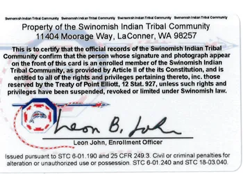 Swinomish Indian Tribal Community ID Card 1 Back
