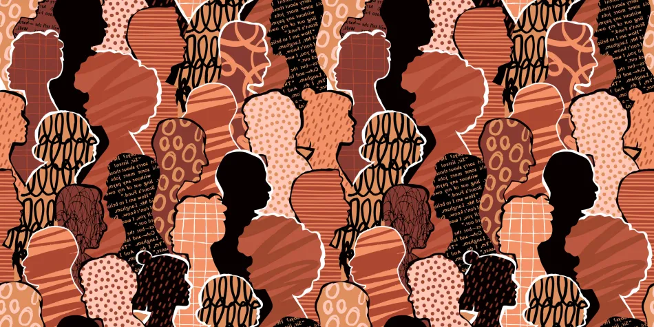 collaged illustration of a variety of human outlines in various shades of browns and beiges
