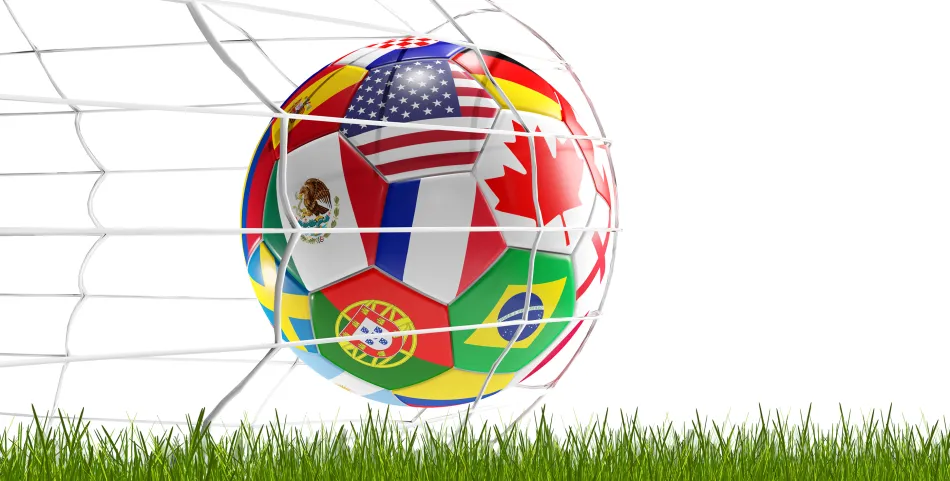 image of a soccer ball with flags from many different countries in a net on a grassy surface